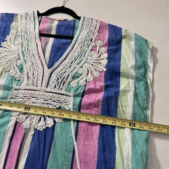 Matta Kaftan Midi Dress Striped Multicolor Cotton Rainbow Embroidered One Size - Picture 6 of 8